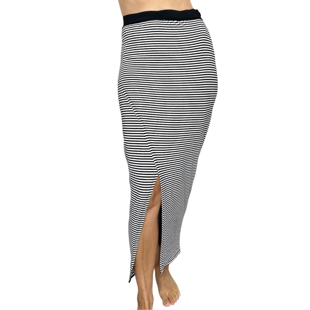 Tricotto Montreal black white stripe jersey knit classic wrap style maxi skirt S